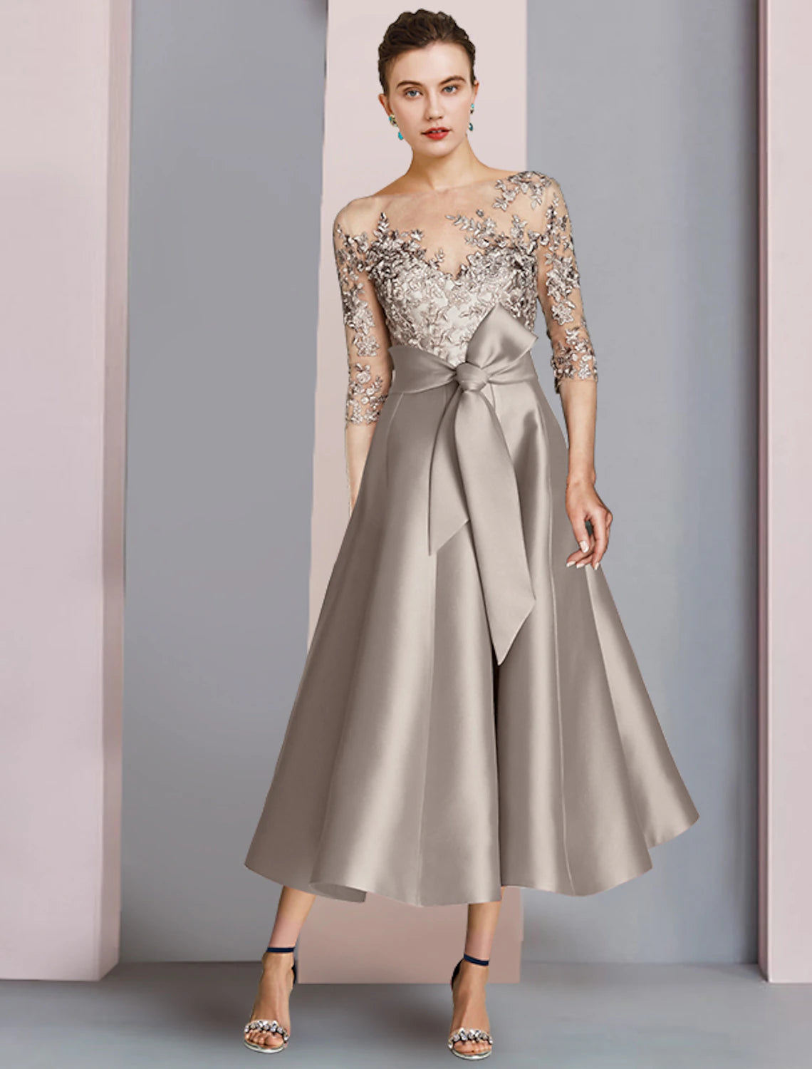 Wholesale  A-Line Mother of the Bride Dress Wedding Guest Party Elegant Scoop Neck Tea Length Satin Lace Half Sleeve with Bow(s) Appliques